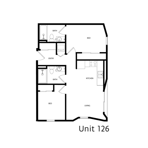 Floor plan for 2 beds, 2 baths, 775 sqft